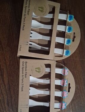 Bamboo Fiber Owl Spoon & Fork Set — White Handles 2 Pack Blue And Pink